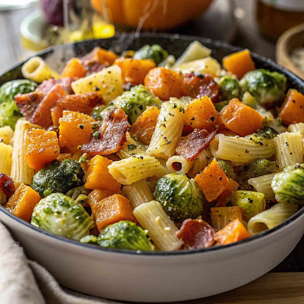 Final plated Turkey Bacon Brussels Sprouts Butternut Squash Pasta garnished with fresh thyme and parmesan cheese