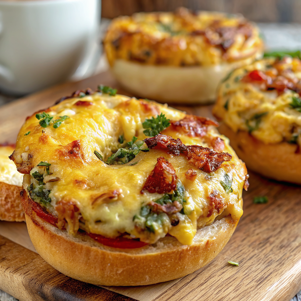 Beautifully golden quiche stuffed bagels served on elegant white plates with fresh herb garnish and morning coffee