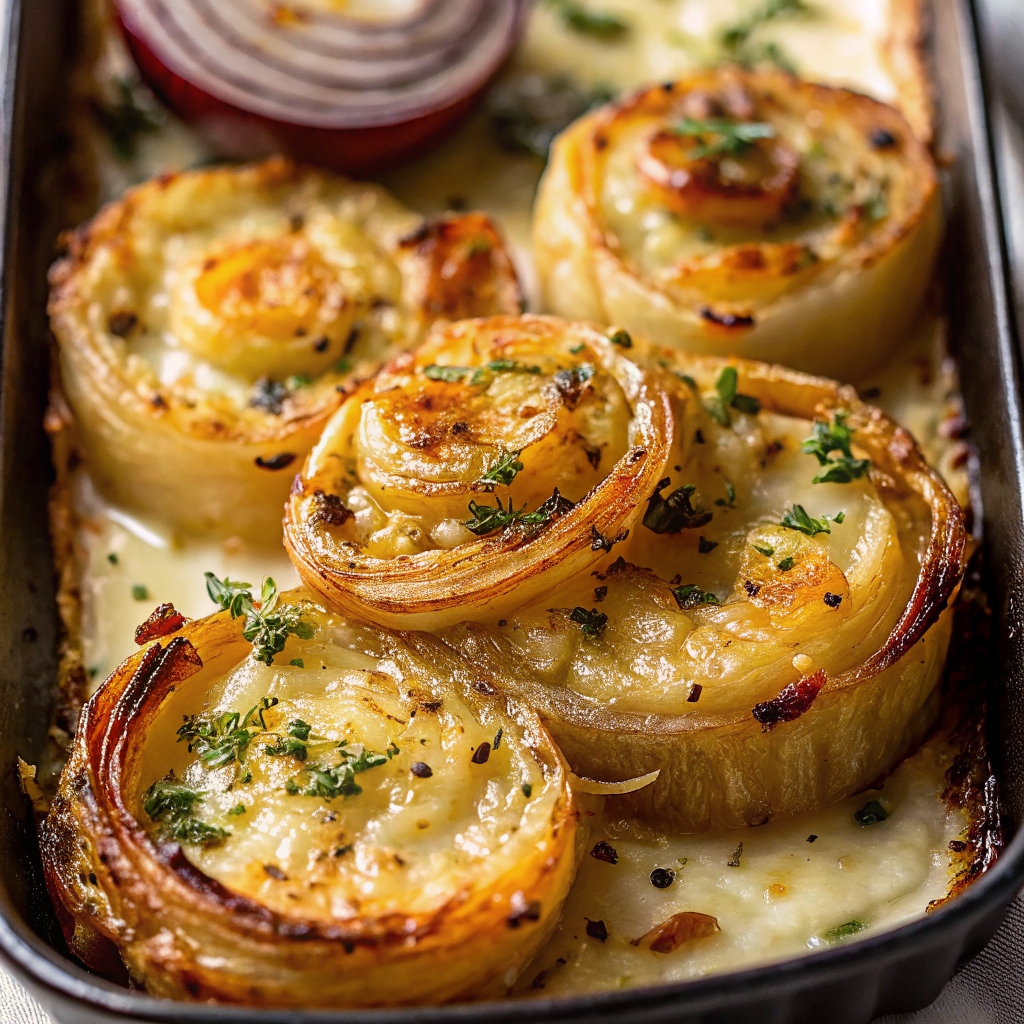 Golden brown Tennessee Onions fresh from the oven with melted cheese bubbling on top, served in a white baking dish