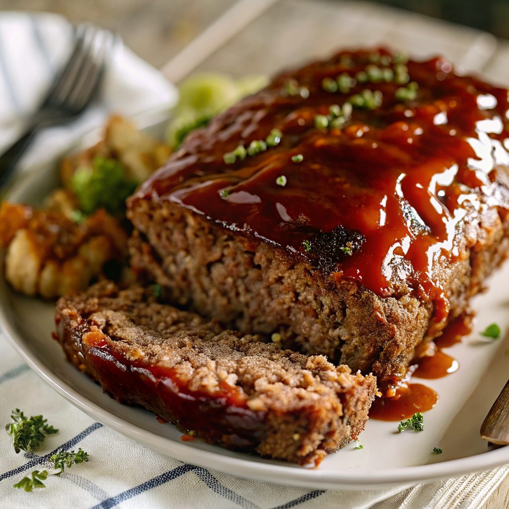 Perfectly sliced Cracker Barrel meatloaf copycat with glossy glaze, served on a white plate with mashed potatoes and green beans