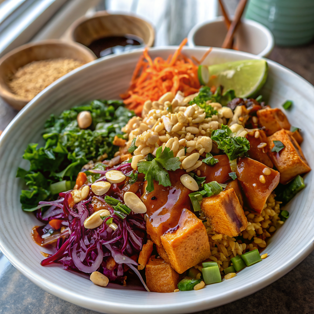Beautiful finished Thai Peanut Sweet Potato Buddha Bowl with golden roasted sweet potatoes, fluffy quinoa, fresh vegetables, and creamy peanut sauce drizzled on top, garnished with green onions