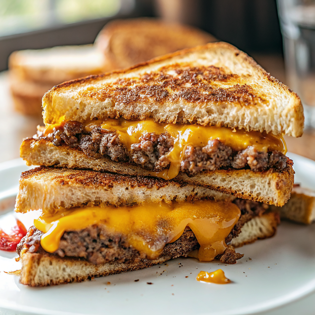Golden brown grilled cheese patty melt cut in half showing layers of melted cheese, beef patty, and caramelized onions