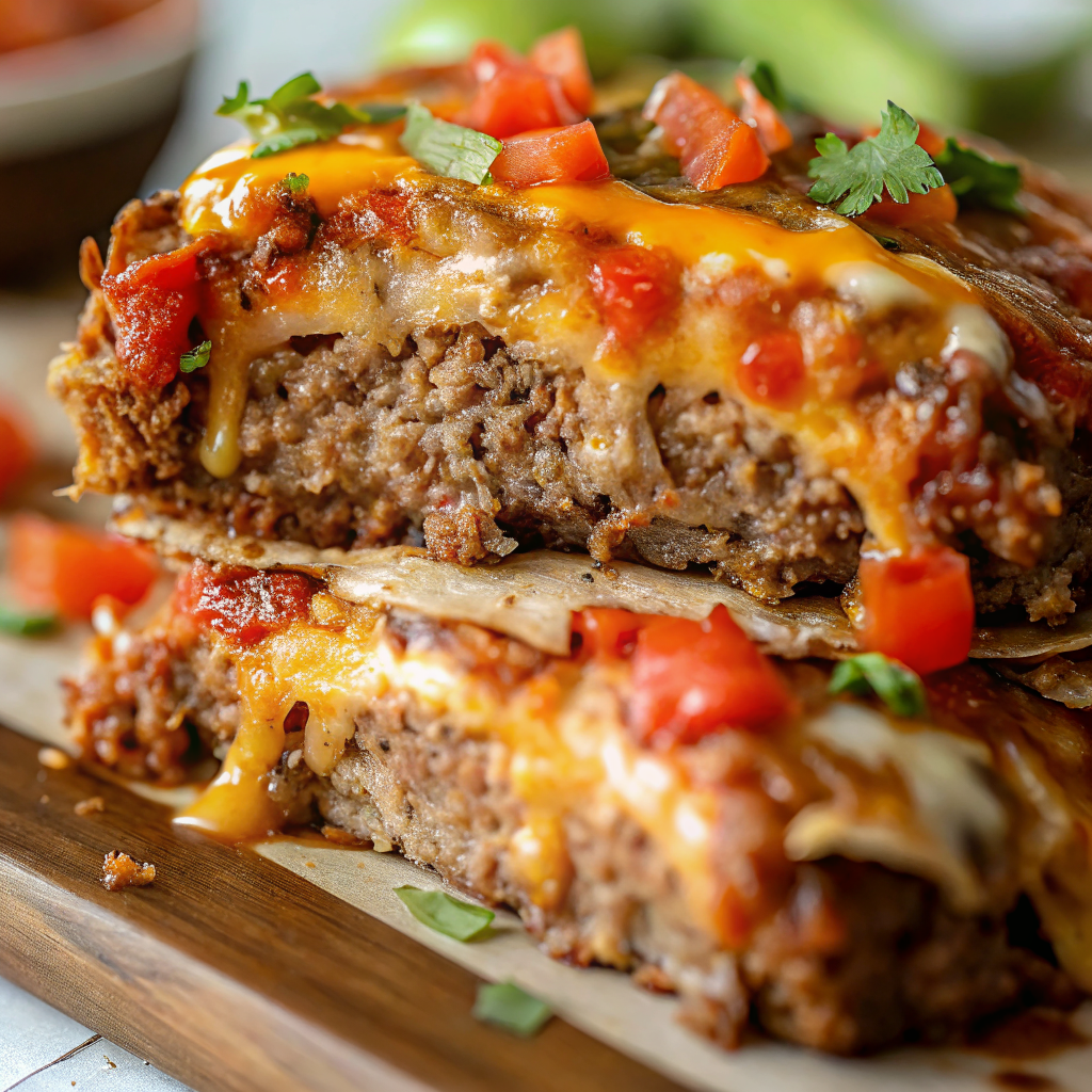Beautifully sliced taco meatloaf showing golden cheese topping and colorful interior layers with vibrant salsa distribution