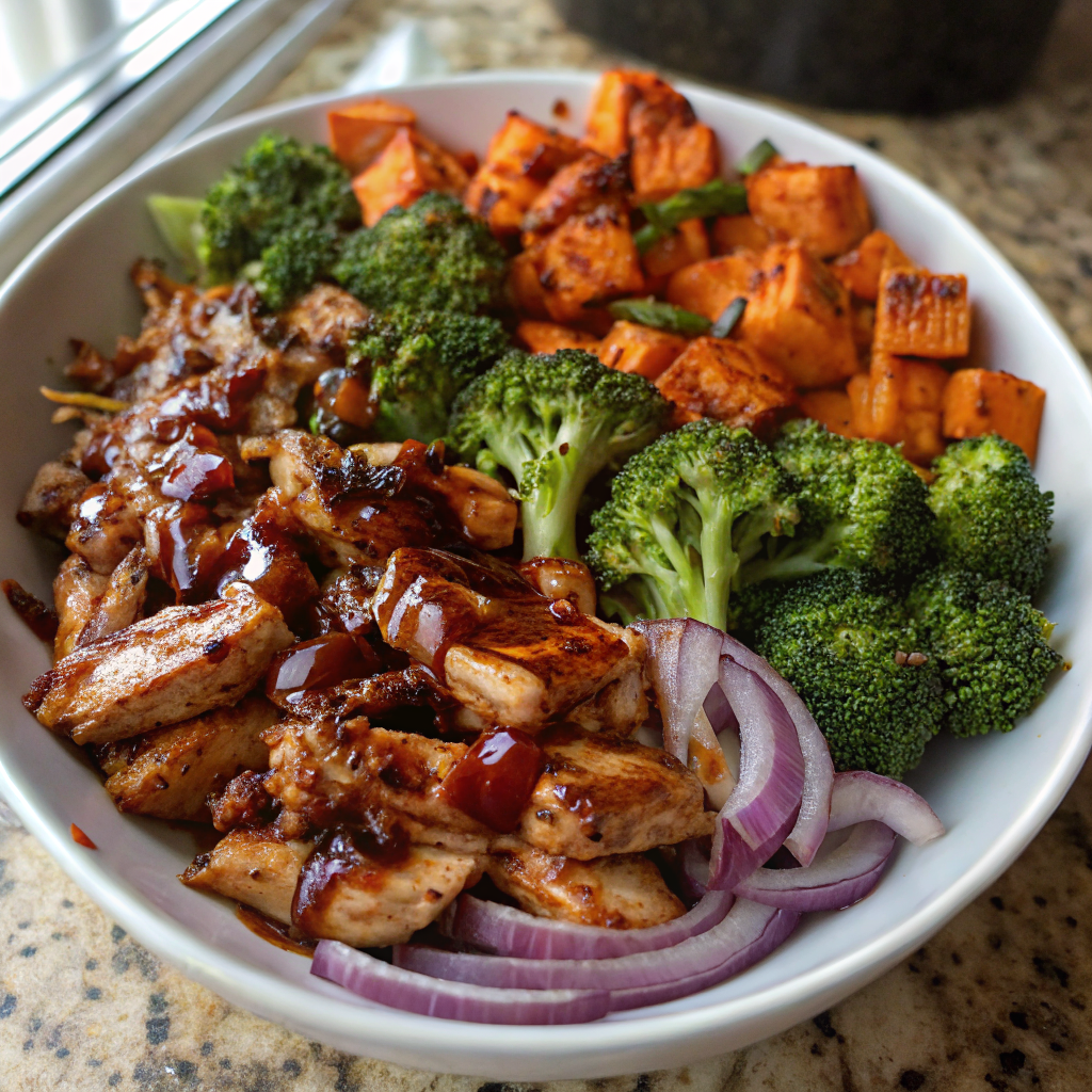 Beautiful finished Easy BBQ Chicken and Roasted Sweet Potato Bowls in white ceramic bowls, showing colorful roasted vegetables topped with glossy BBQ chicken, garnished with fresh herbs