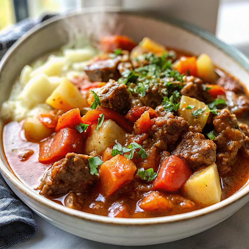 Beautifully plated Hungarian goulash in white bowl with sour cream swirl, fresh parsley garnish, and paprika dust on rim