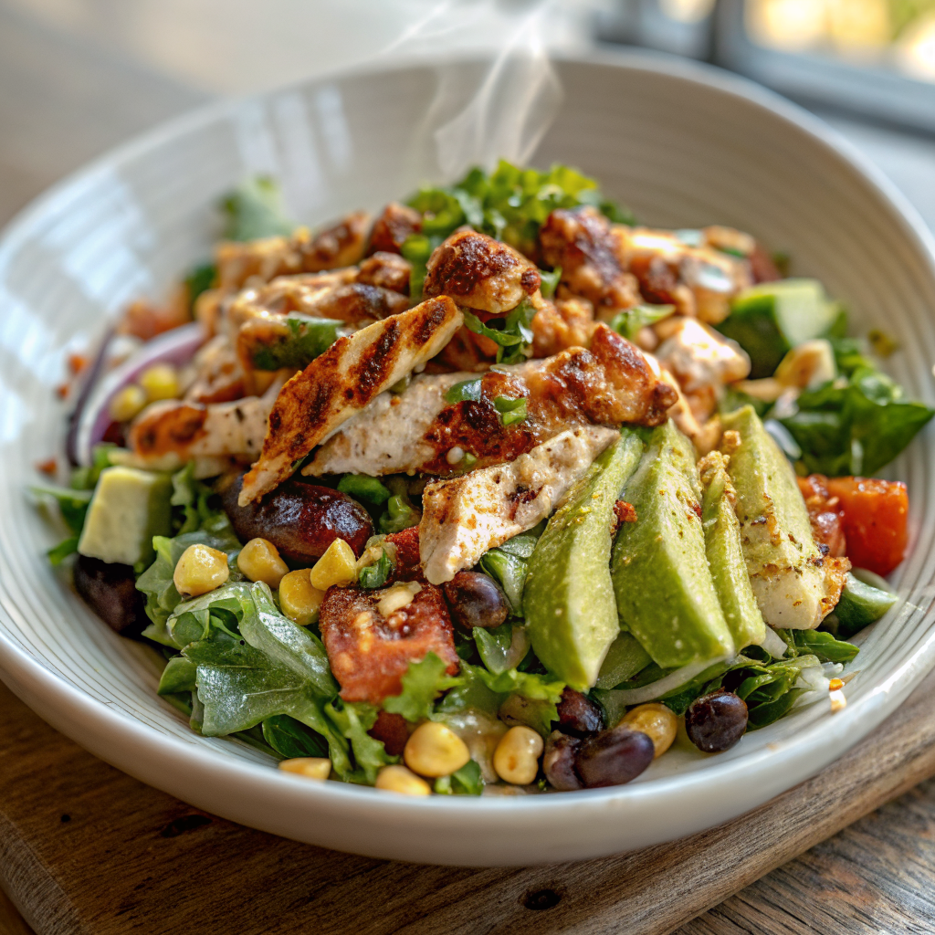 Beautiful finished chipotle lime chicken salad served in white bowl showing vibrant colors of red peppers, black beans, golden corn, green cilantro and creamy avocado
