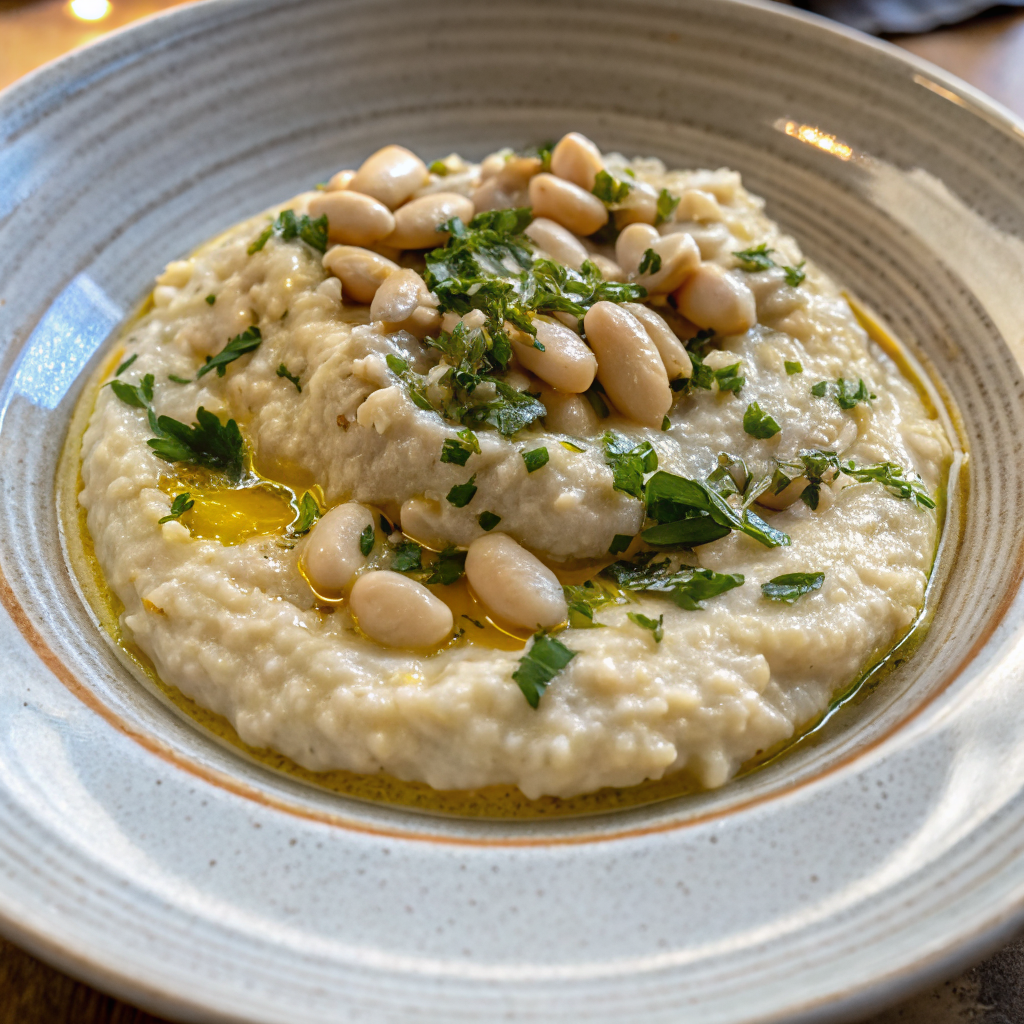 Beautiful serving bowl of creamy garlic white bean mash garnished with fresh parsley and a drizzle of olive oil, alongside crusty bread and roasted vegetables