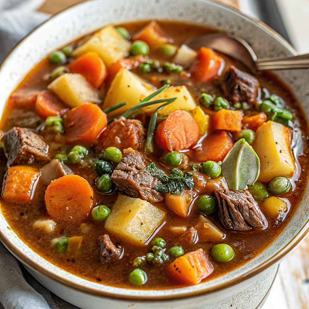 Beautiful finished vegetable beef soup recipe in elegant bowl with perfect color balance and garnish