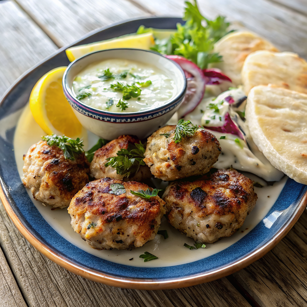 Beautifully plated savory chicken kofta with garlic sauce garnished with fresh herbs on elegant white plate