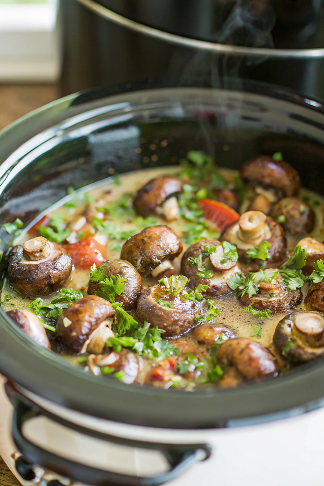 Beautiful finished slow cooker meal with tender meat, vegetables, and rich sauce served in an elegant bowl with fresh herbs