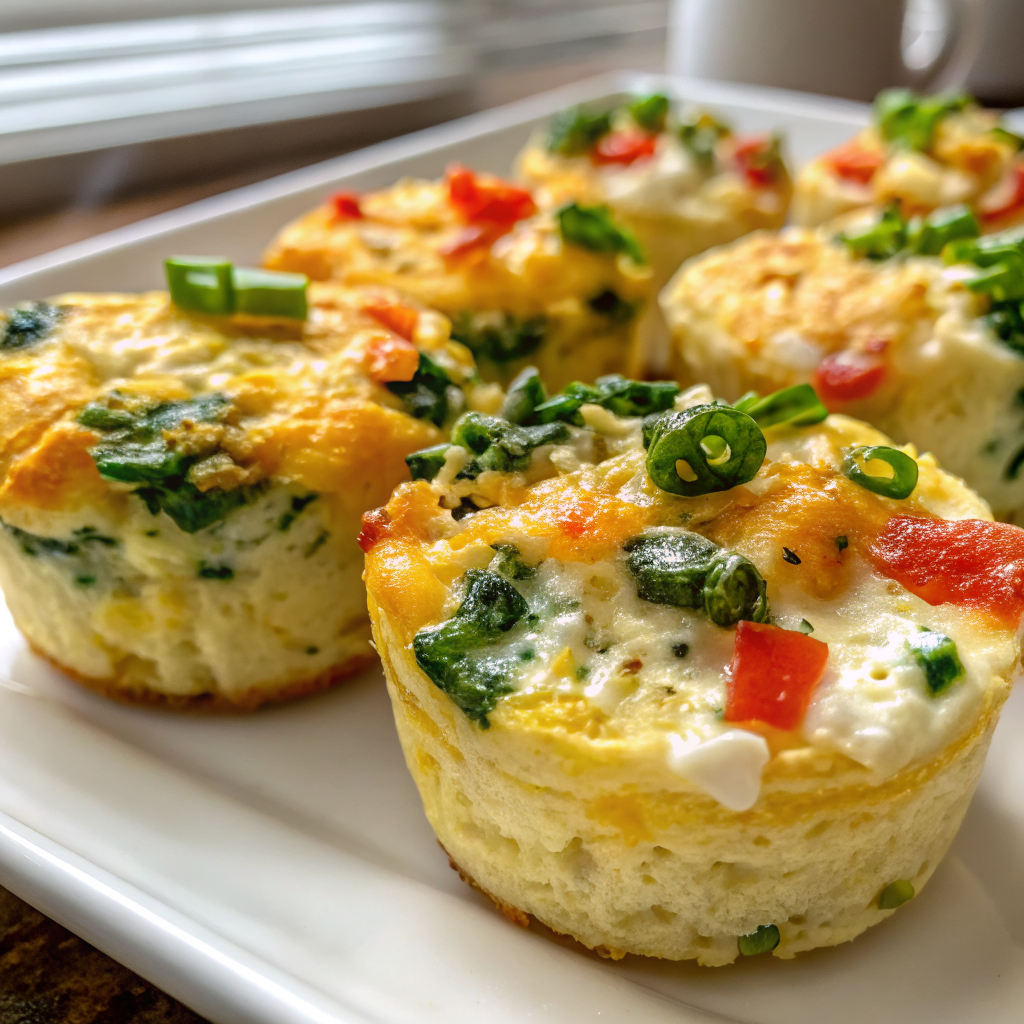 Golden brown fluffy cottage cheese egg muffins arranged on a white plate with fresh herbs and colorful vegetables in the background