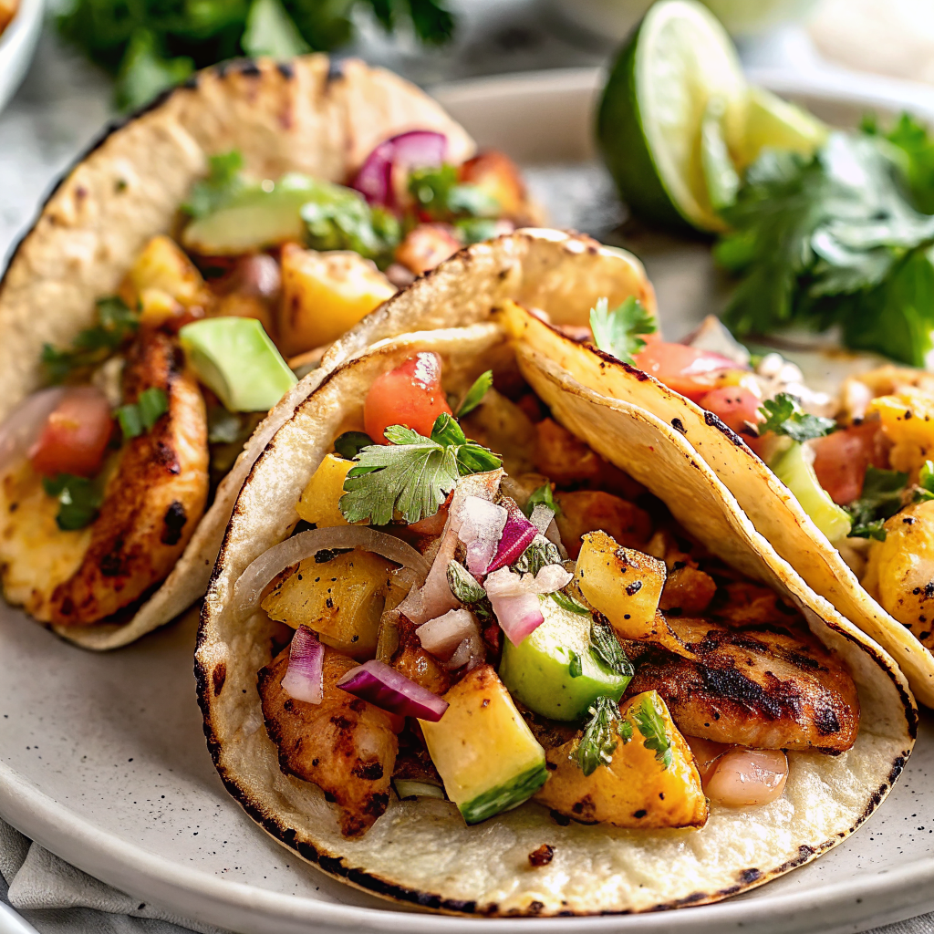 Beautiful finished One-Pan Chicken and Pineapple Tacos garnished with fresh cilantro, diced avocado, and lime wedges on a rustic wooden serving board
