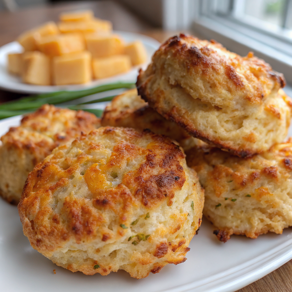 Final presentation of golden air fryer cheddar biscuits arranged on a rustic wooden board with fresh herbs and honey drizzle