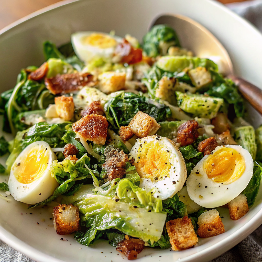 Beautifully plated Warm Brussels Sprouts Caesar Salad with golden croutons, halved eggs, and creamy dressing in an elegant white bowl