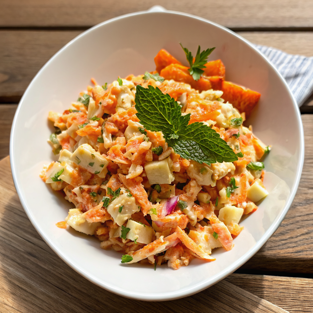 Final presentation of Crunchy Apple Carrot Salad in an elegant serving bowl with fresh mint garnish and perfect lighting