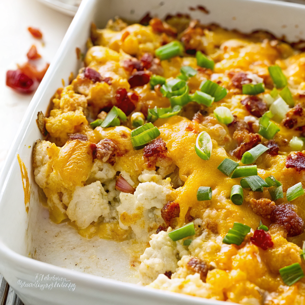 Golden brown cauliflower casserole fresh from the oven with melted cheese bubbling on top, garnished with fresh green onions, served in a white ceramic casserole dish