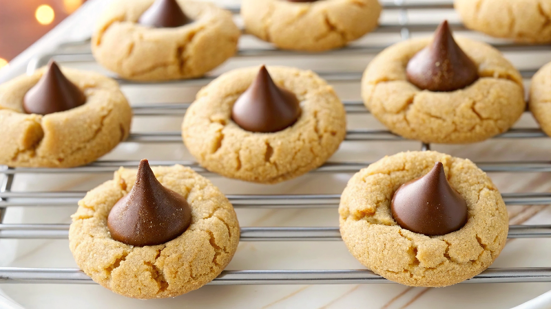 Beautiful finished classic peanut butter blossom cookies arranged on cooling rack showing perfect golden color and chocolate kiss tops