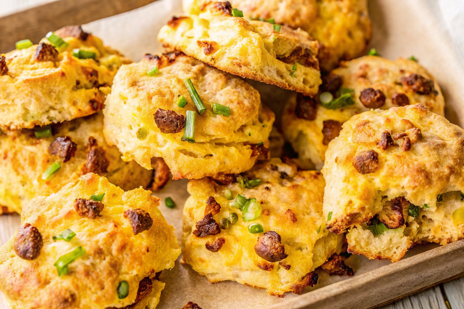 Golden brown Protein Breakfast Biscuits with Sausage and Cheddar arranged on a rustic wooden board with fresh herbs and morning coffee