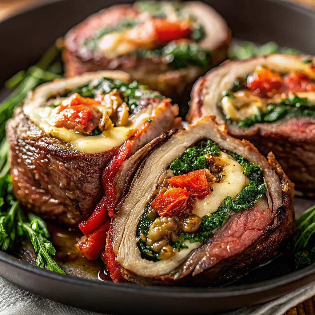 Beautifully sliced stuffed flank steak showing spiral of ricotta, spinach and sun-dried tomato filling, garnished with fresh herbs on white plate