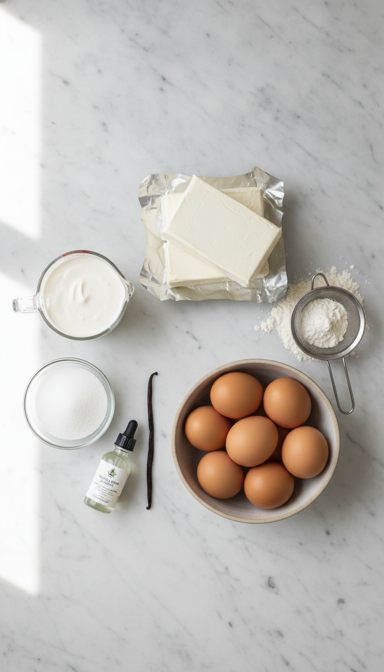 Ingredients for Basque Cheesecake including cream cheese blocks, sugar, whipping cream, flour, vanilla, and eggs arranged on a marble countertop