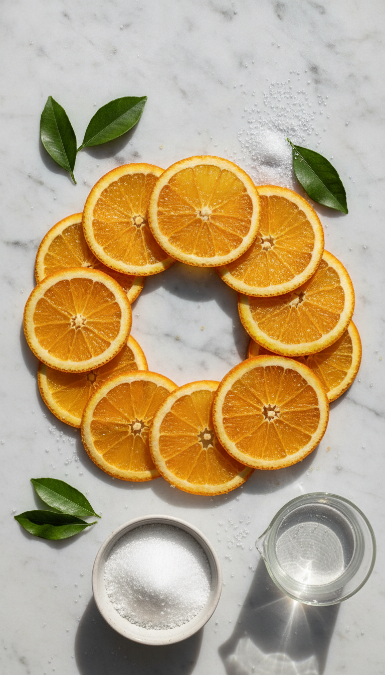 Fresh navel oranges, granulated sugar, and water arranged on a marble countertop for candied orange slices recipe