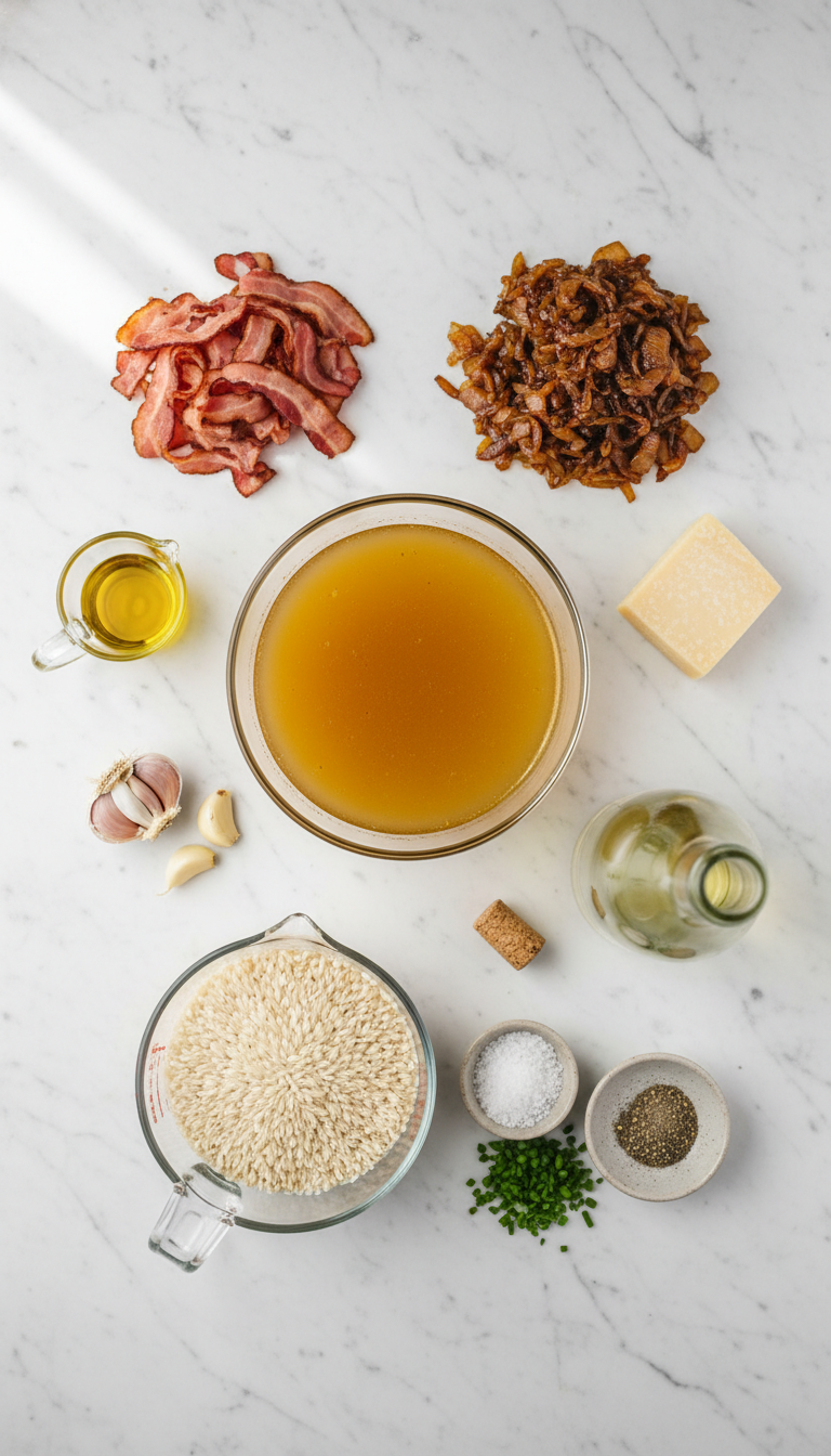 Fresh ingredients for caramelized onion beef bacon parmesan risotto arranged on marble countertop