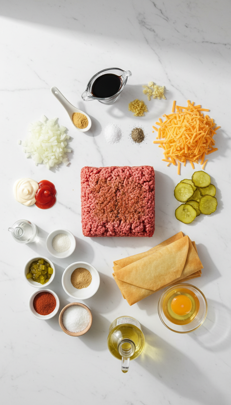 Ingredients for cheeseburger egg rolls including ground beef, cheese, pickles, and egg roll wrappers arranged on a counter