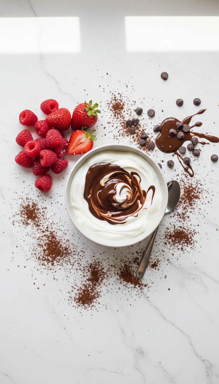 Ingredients for whipped Greek yogurt chocolate mousse laid out on a marble counter including dark chocolate chips, Greek yogurt, cocoa powder, and salt