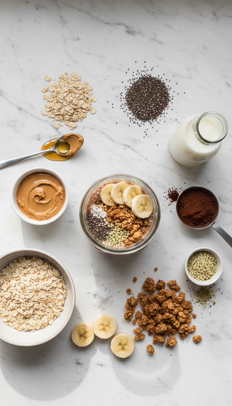 Fresh ingredients for chocolate peanut butter overnight oats including rolled oats, almond milk, maple syrup, peanut butter, cacao powder, chia seeds, and vanilla extract arranged on a clean kitchen counter