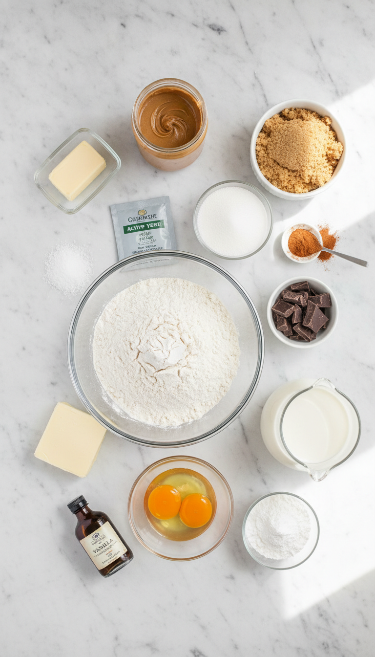 Fresh ingredients laid out for chocolate peanut butter cinnamon rolls including flour, butter, eggs, chocolate chips, and peanut butter