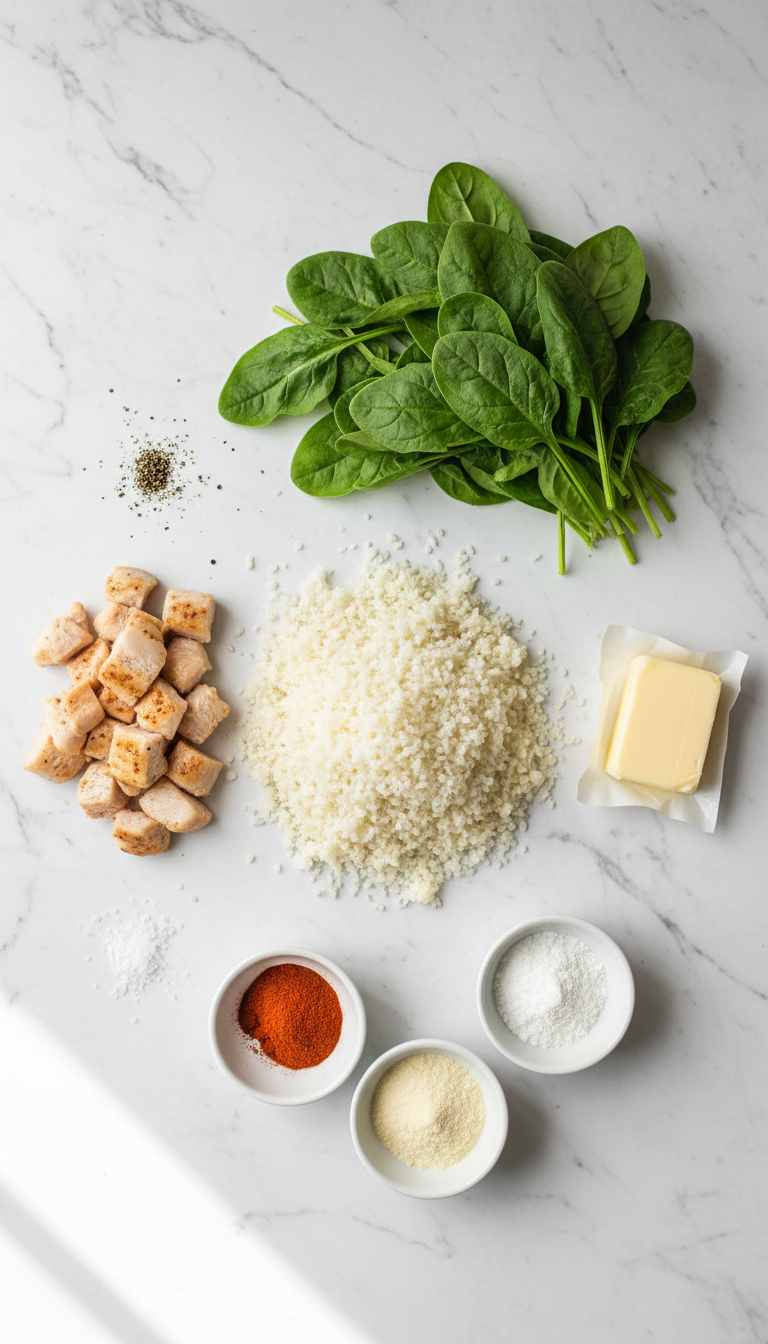 Fresh ingredients for Creamy Chicken Cauliflower Rice Casserole arranged on a kitchen counter including shredded chicken, cauliflower rice, spinach, and seasonings