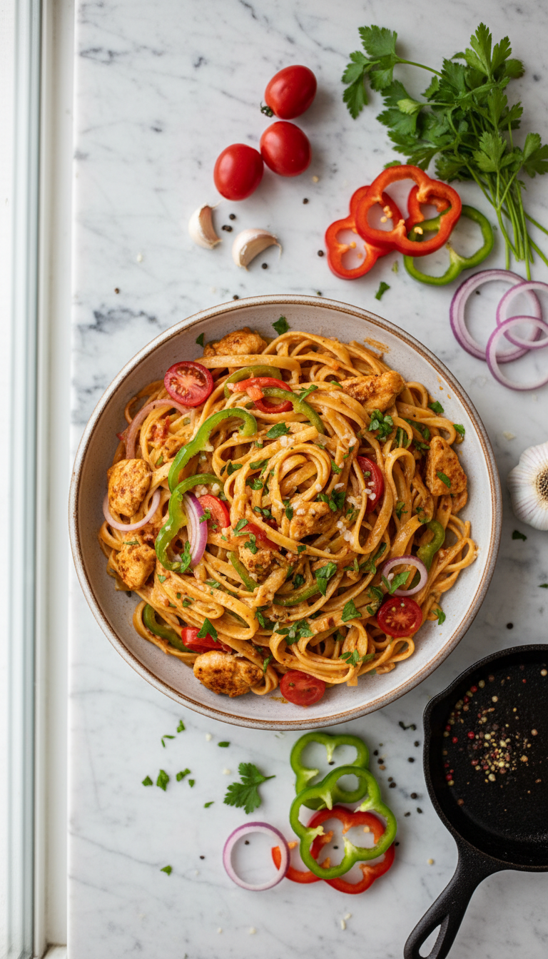 Fresh ingredients for Cajun Chicken Pasta including fettuccine, chicken breasts, colorful bell peppers, and Cajun seasoning arranged on a wooden cutting board