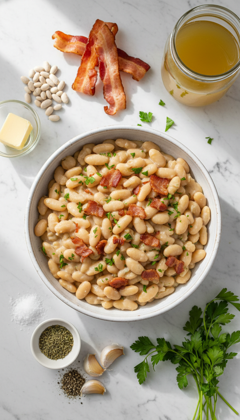 Fresh ingredients for creamy white beans with turkey bacon arranged on marble surface