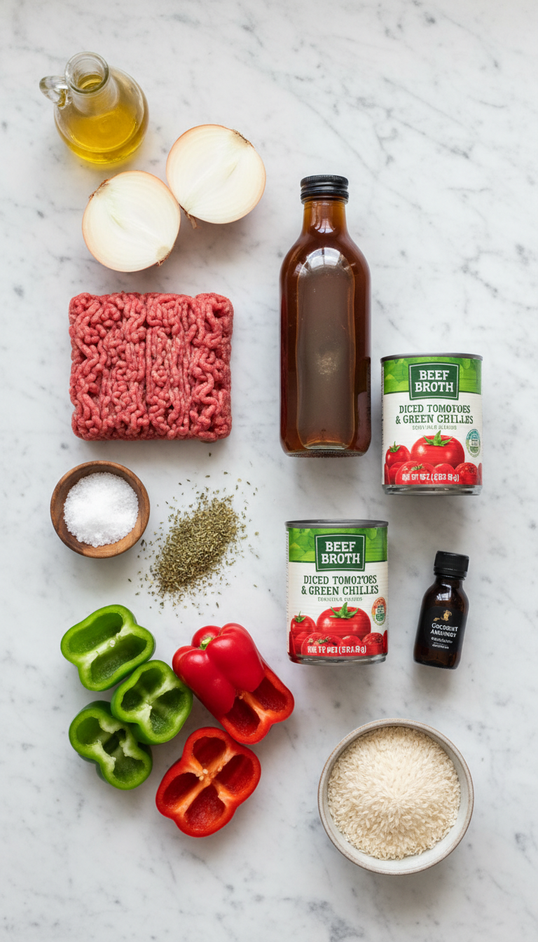 Fresh ingredients for Easy Stuffed Pepper Soup with Rice including ground beef, colorful bell peppers, onion, and pantry staples arranged on a clean kitchen counter