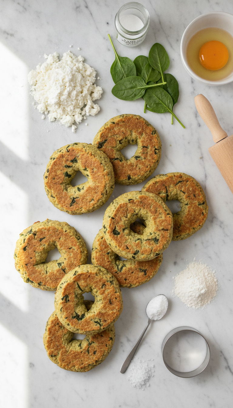 Fresh ingredients for Easy Spinach Cottage Cheese Flat Bagels including cottage cheese, spinach, flour, and seasonings arranged on a clean kitchen counter