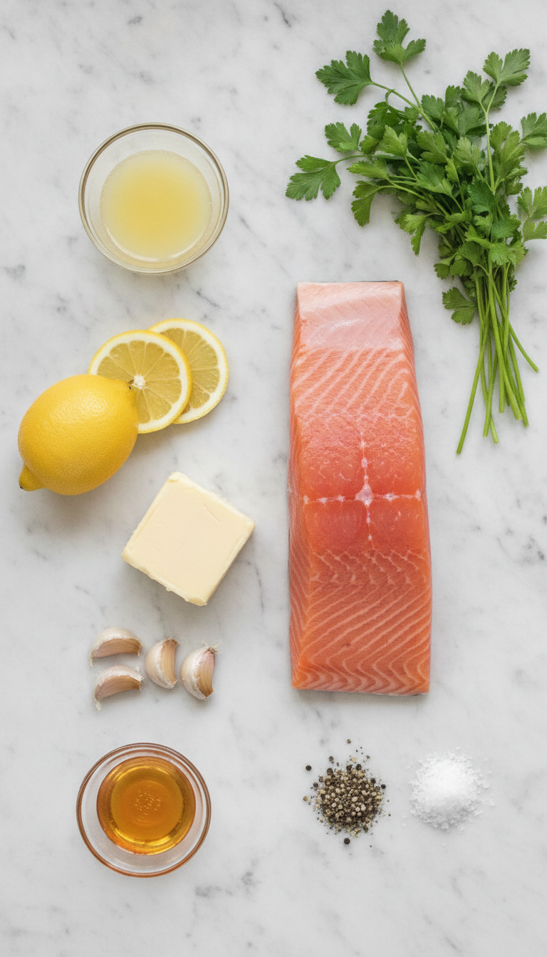 Fresh ingredients for sheet pan lemon garlic butter salmon including salmon fillet, lemon slices, butter, garlic, and fresh herbs arranged on a white surface