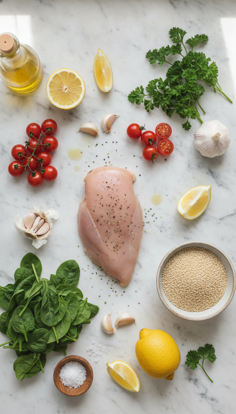 Fresh ingredients for garlic lemon chicken quinoa arranged on marble surface including chicken breasts, cherry tomatoes, fresh spinach, quinoa, garlic, parsley, and lemon