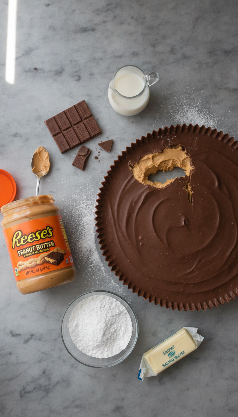 Ingredients laid out for giant peanut butter cup including creamy peanut butter, powdered sugar, melted butter, and chocolate