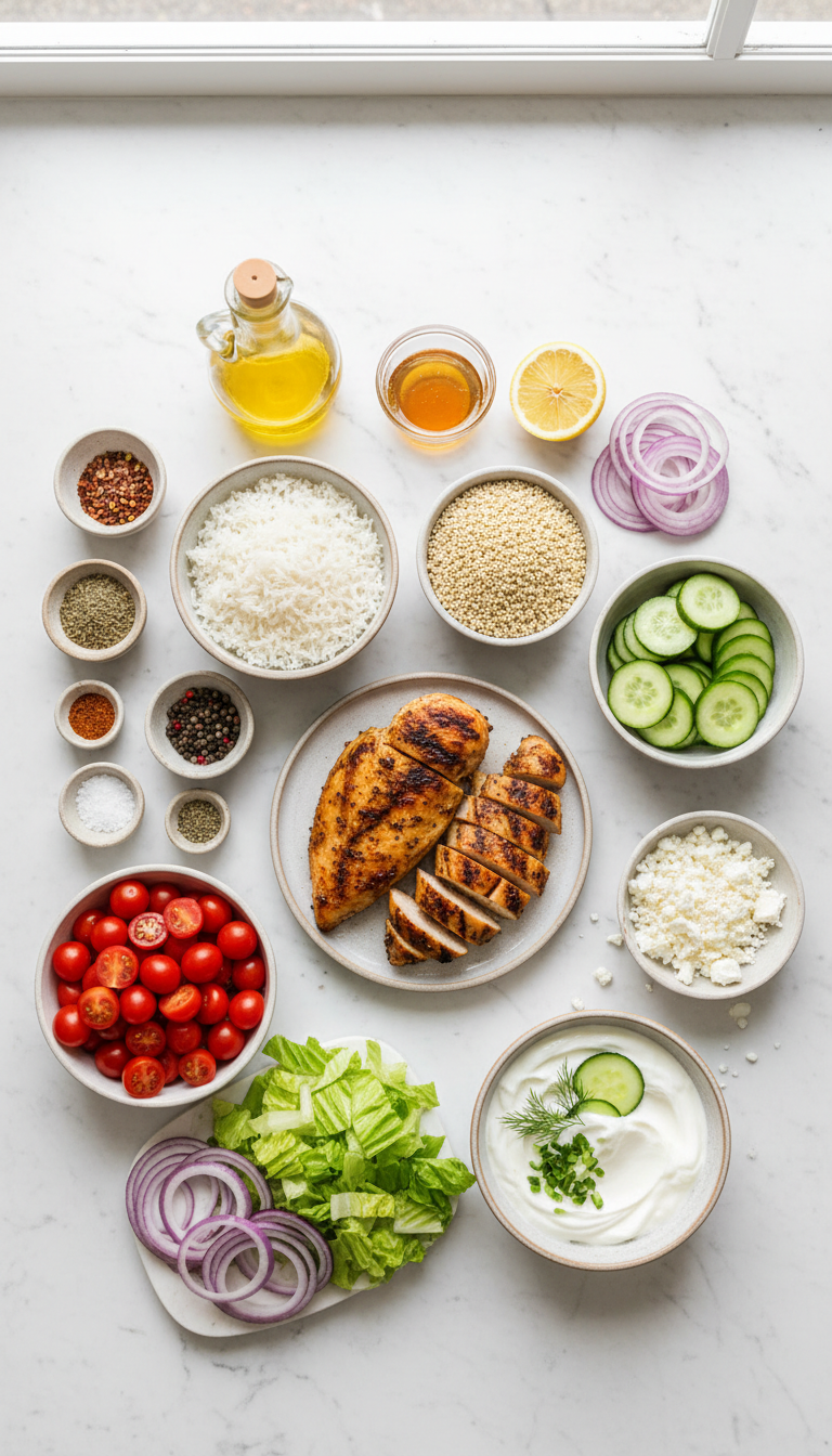 Fresh ingredients for Greek chicken bowls including marinated chicken, vegetables, and tzatziki components arranged on a wooden cutting board