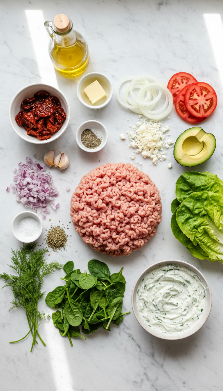 Fresh ingredients for Greek chicken burgers including ground chicken, red onion, garlic, sun-dried tomatoes, spinach, dill, and oregano arranged on a wooden cutting board