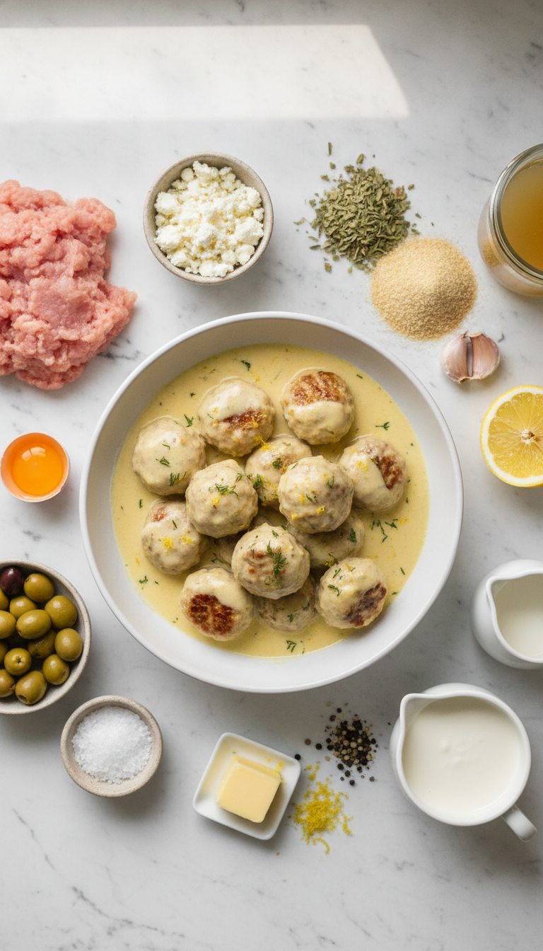 Fresh ingredients for Greek chicken meatballs arranged on marble surface with herbs and spices