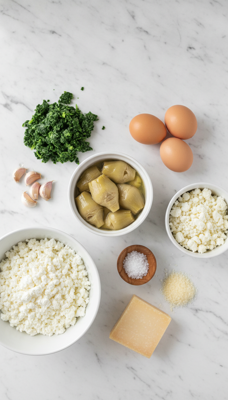 Artfully arranged ingredients for high protein spinach artichoke bake featuring cottage cheese, vibrant spinach, and golden artichoke hearts on marble surface
