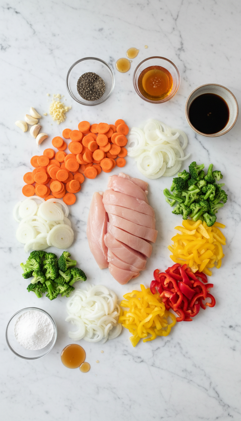 Fresh ingredients for One Pan Honey Garlic Chicken and Veggies including chicken breast, colorful vegetables, honey, soy sauce, and garlic arranged on a white surface
