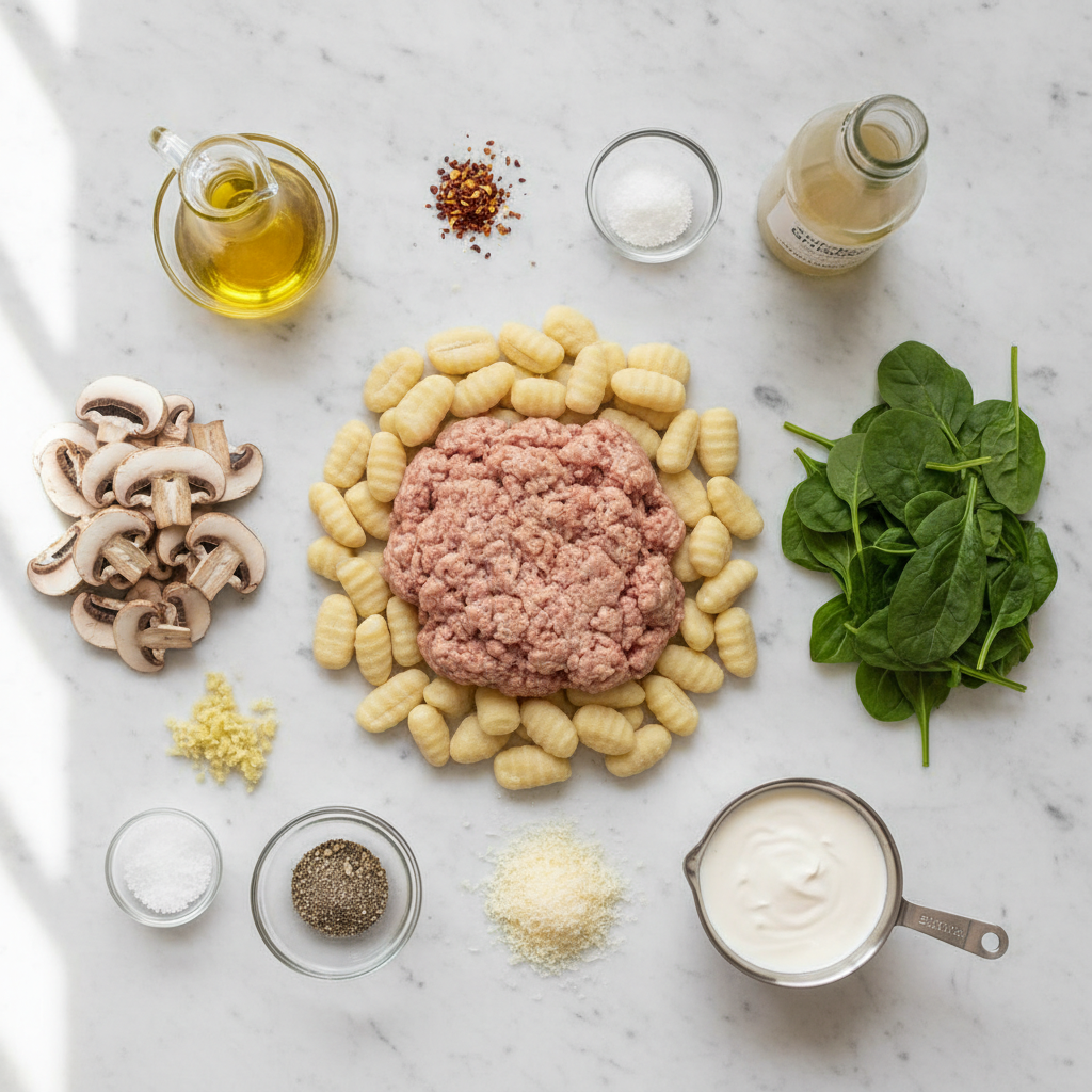 Fresh ingredients for Italian Sausage Gnocchi Skillet arranged on marble countertop including ground turkey sausage, potato gnocchi, sliced mushrooms, fresh spinach, heavy cream, and grated Parmesan cheese