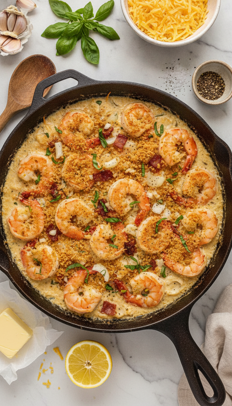 Fresh ingredients for Keto Garlic Shrimp Au Gratin including large shrimp, beef rind crumbs, cheddar cheese, fresh basil, garlic, and butter arranged on a clean kitchen counter