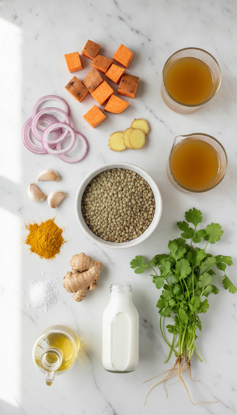 Fresh ingredients for lentil and sweet potato curry including green lentils, diced sweet potato, coconut milk, and aromatic spices arranged on a wooden cutting board