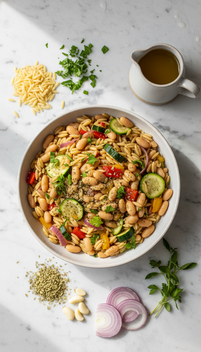 Fresh ingredients for Mediterranean Orzo and Beans including orzo pasta, cannellini beans, colorful vegetables, and aromatic herbs arranged on a wooden cutting board
