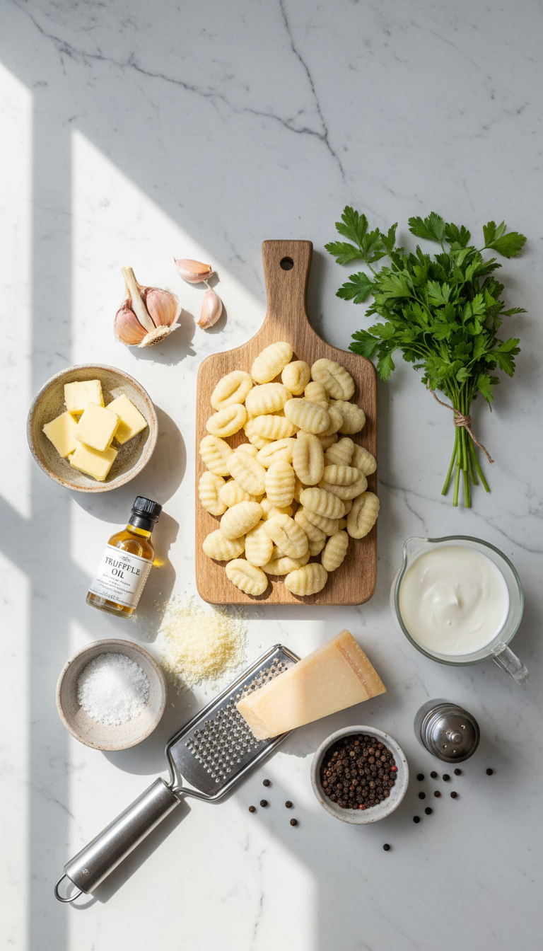 Fresh ingredients for millionaire gnocchi with creamy sauce arranged on a wooden cutting board including potato gnocchi, heavy cream, Parmesan cheese, butter, garlic, and fresh parsley