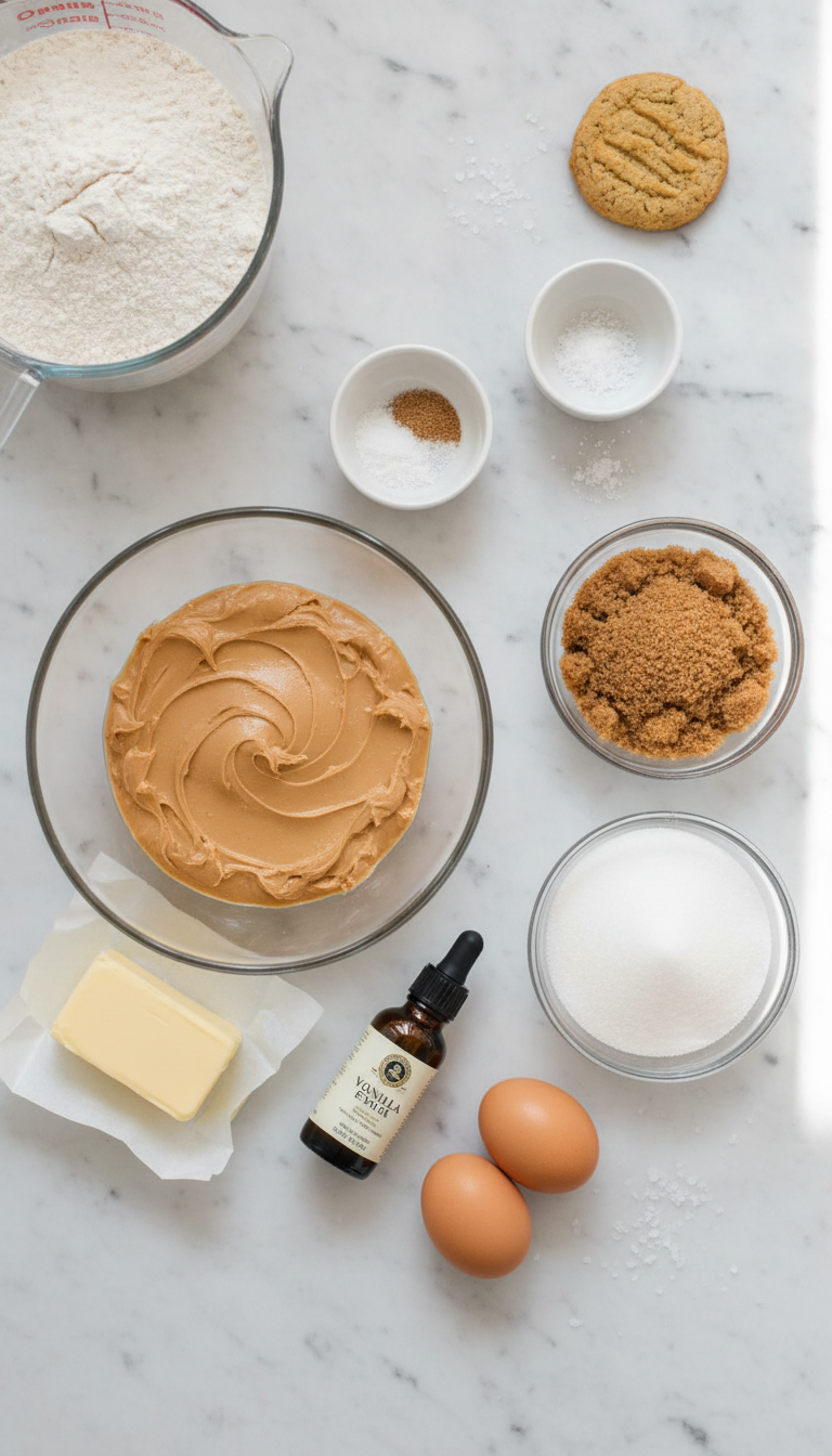 Fresh ingredients for My Favorite Soft & Chewy Peanut Butter Cookies including smooth peanut butter, brown sugar, and vanilla extract arranged on a marble countertop