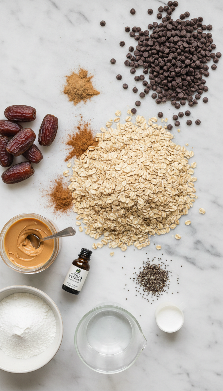 Fresh ingredients for no bake chocolate peanut butter energy bites including rolled oats, ground flax seed, chia seeds, cinnamon, dates, peanut butter, vanilla extract, protein powder, and dark chocolate chips arranged on a clean kitchen counter